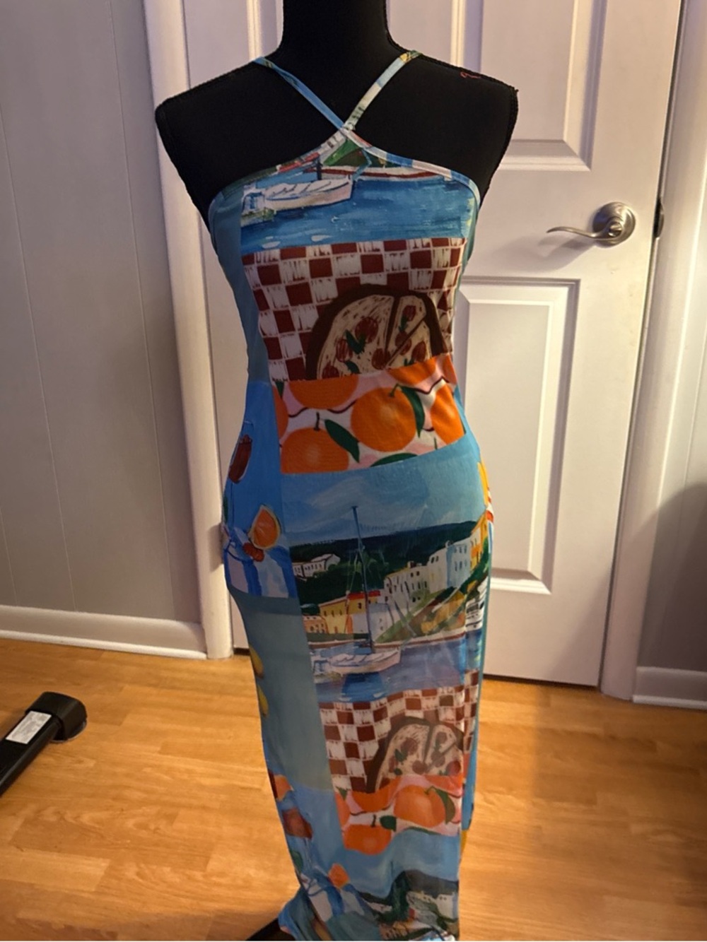 Blue Scenic & Orange Halter Maxi Dress